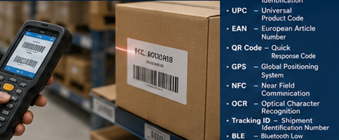 Радник у складишту скенира RFID ознаке и бар-код етикете током управљања залихама