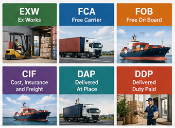 Преглед најчешћих Incoterms услова укључујући EXW, FOB, CIF, DDP и DAP у глобалној логистици
