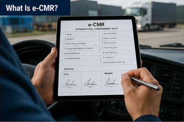 Дигитални CMR документ приказан на таблету који возач користи у логистичком транспортном окружењу