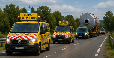 Пратећа возила прате конвој вангабаритног транспорта на европском аутопуту