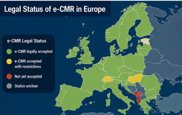 Мапа Европе која приказује земље у којима је e-CMR правно прихваћен за дигитална транспортна документа