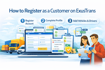 Регистрација као купац на платформи ExusTrans уз верификацију компаније, подешавање профила и управљање транспортом