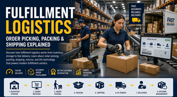 Modernt fulfillmentlogistiklager med personal som packar onlineorder och förbereder leveranser
