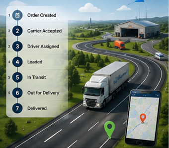 Дигитални логистички процес који приказује праћење пошиљке, GPS руте и ажурирања статуса транспорта