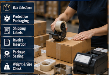 Lagerpersonal som packar onlineorder med kartonger, etiketter och skyddsmaterial