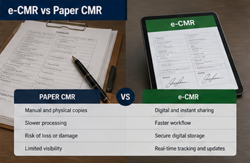Поређење папирног CMR документа и дигиталног e-CMR-а на таблету, које приказује модерну трансформацију логистике