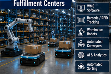Automatiserat fulfillmentcenter med robotik, lagerprogramvara och AI-baserade logistiksystem