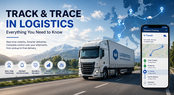 Савремени логистички track and trace систем који приказује видљивост пошиљки камиона, GPS праћење и мониторинг испоруке у реалном времену широм Европе